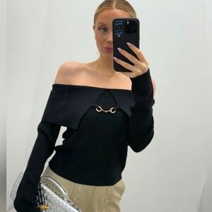 RIVIR Classic Serenity Off-Shoulder Knit Top - Black Gold Hardware Small NWOT